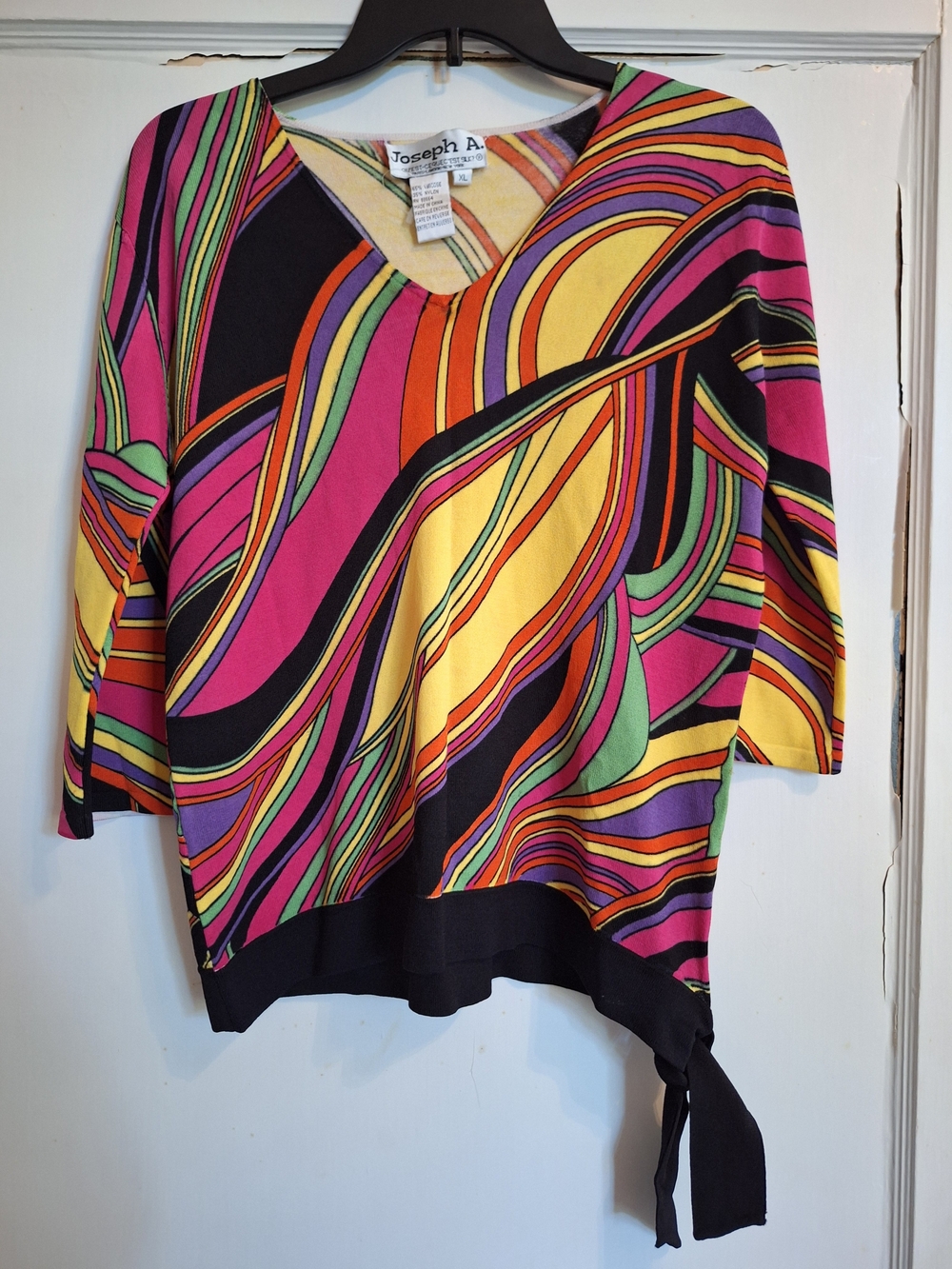Vintage Joseph A Blouse Retro Boho Abstract Womens Lg Psychedelic 3/4 Sleeve